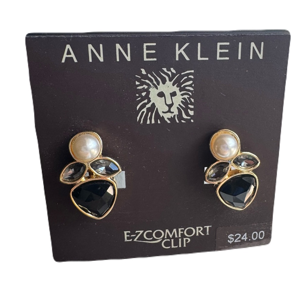 Anne Klein Pearl & Black Stone Accent E-Z Comfort Clip-On Earrings